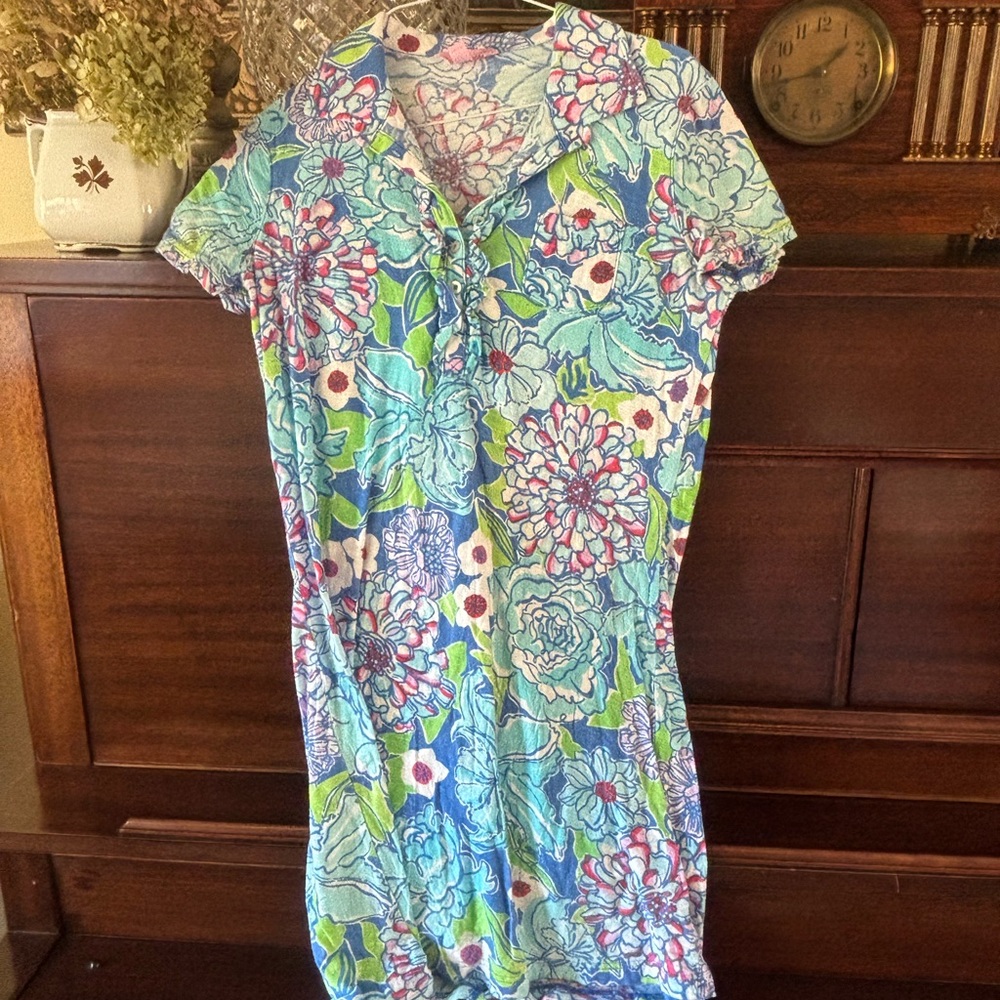 Lilly Pulitzer Blue Floral Polo Dress with Pink & Green Accents